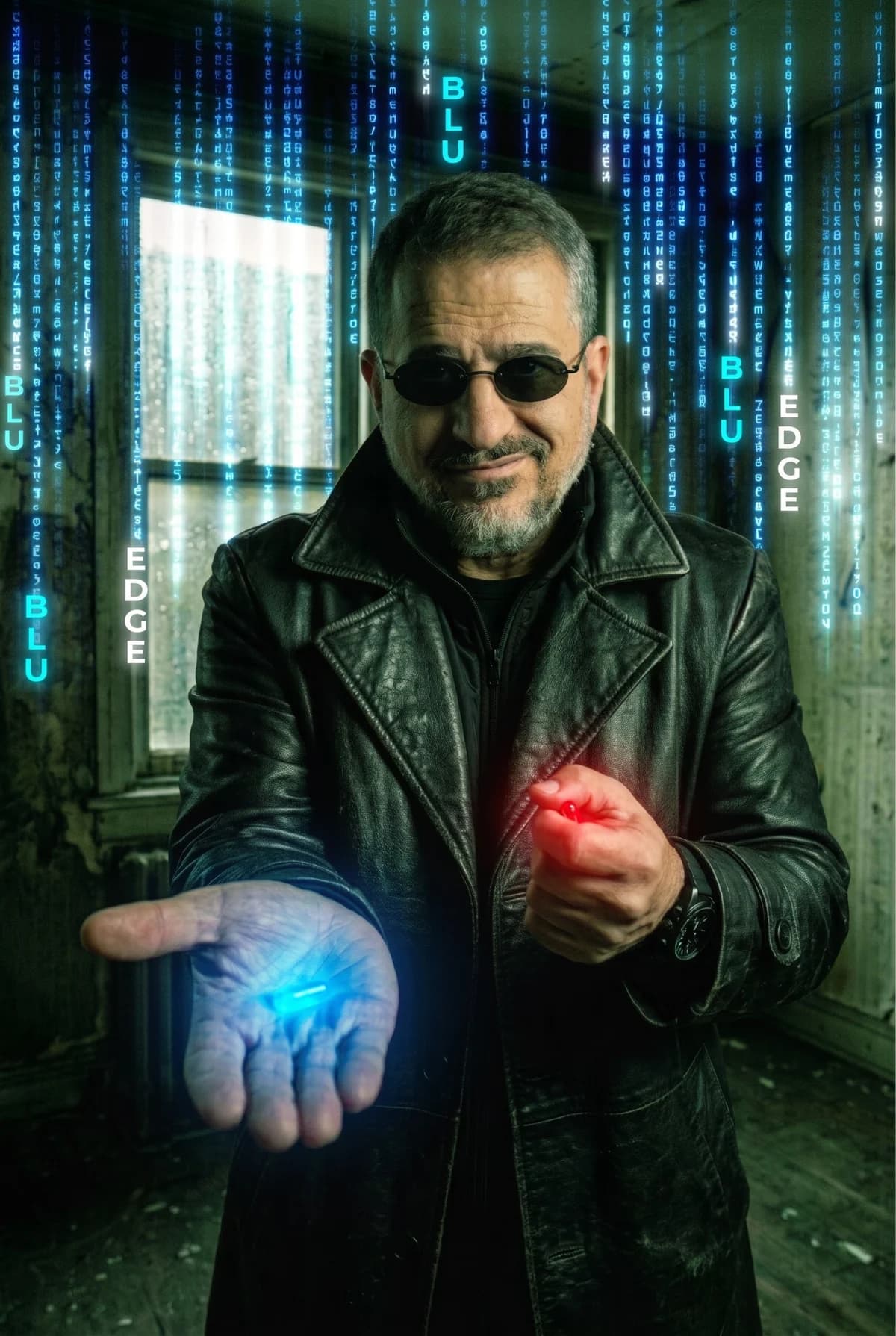 Ziad Selfani, CEO of Blu Edge, offering the blue pill